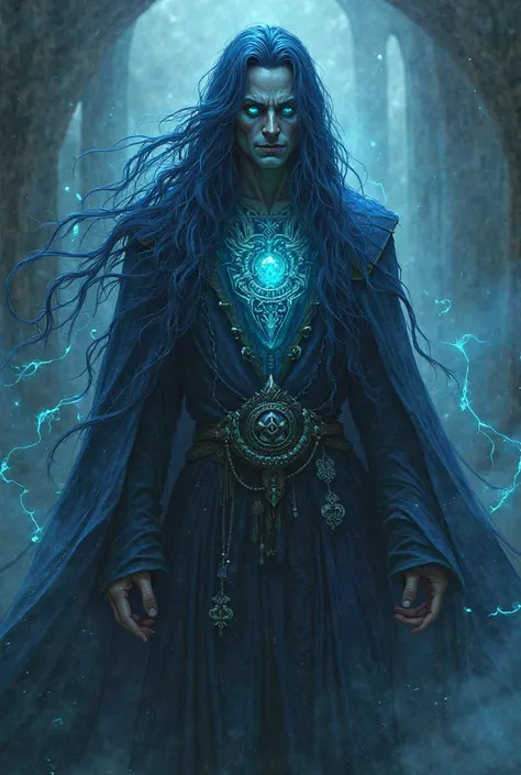 Make a necromancer with dark blue and long hair inspired by Neptune