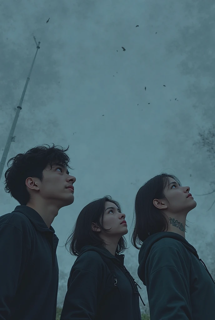 3 people are looking at the sky with their faces facing us They are not facing their backs a little foggy and dark sky blue cloudy face has a tattoo on their chin facing us