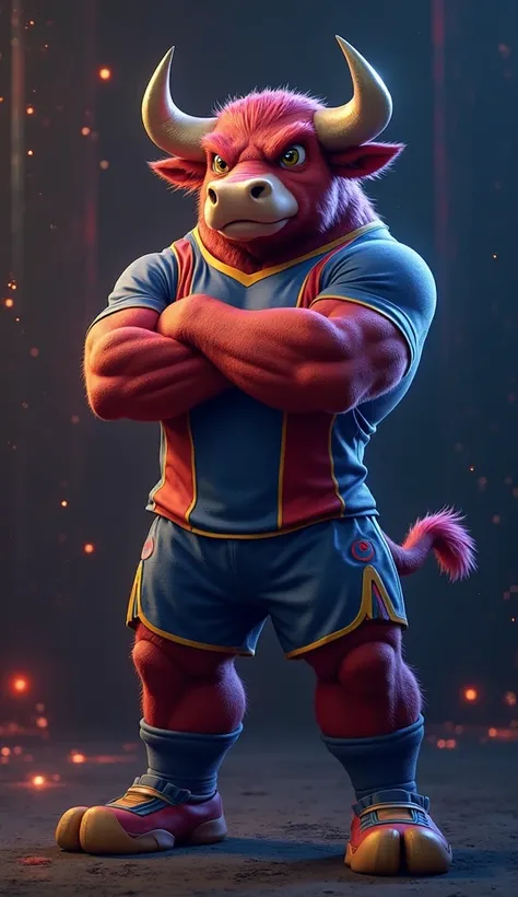 A powerful and bull mascot for an e-sports club, standing with arms crossed in a dominant pose. The bull has an intense and aggressive expression, exuding confidence and strength. It wears a navy blue and red uniform: a jersey with vertical blue, red, and ...