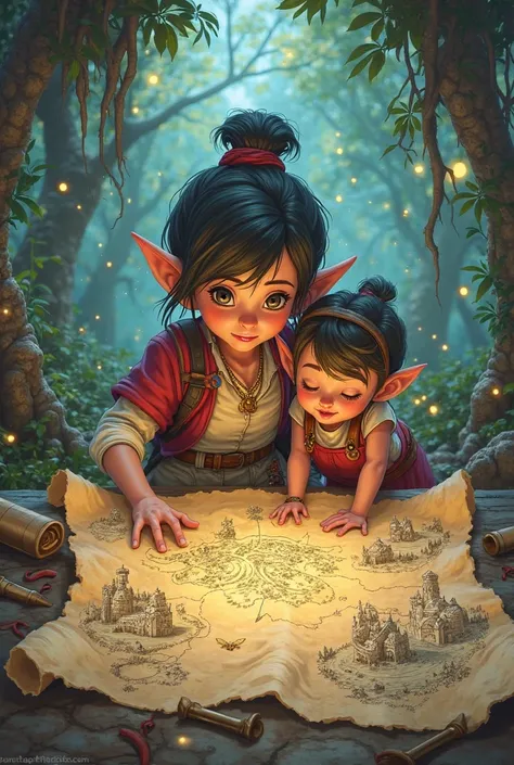 The ren and the pixie studying a map of the Dragon's Top, with images from previous challenges (Whispering Forest and Valley of Mirrors)  In the margins of the map .  fantastic illustration style .