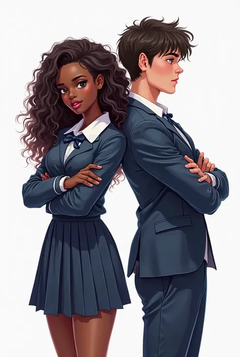 Generate a  romance book cover:
A black woman with a beautiful face, maximum beauty, long curly hair, 18 years old,  slim body, Sensual, wearing navy blue and white school uniform, and a tall man, skinny athletic , Gorgeous and sexy nerd, 18 years old,  wh...