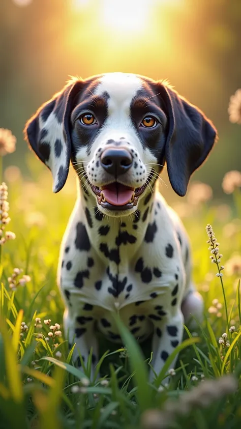 A Dalmatian with a pristine black-and-white coat stands in a vibrant garden, gazing directly at the camera with a playful and charming expression. Its eyes sparkle with mischief and curiosity, as if it’s about to do something funny. Behind it, the sun shin...