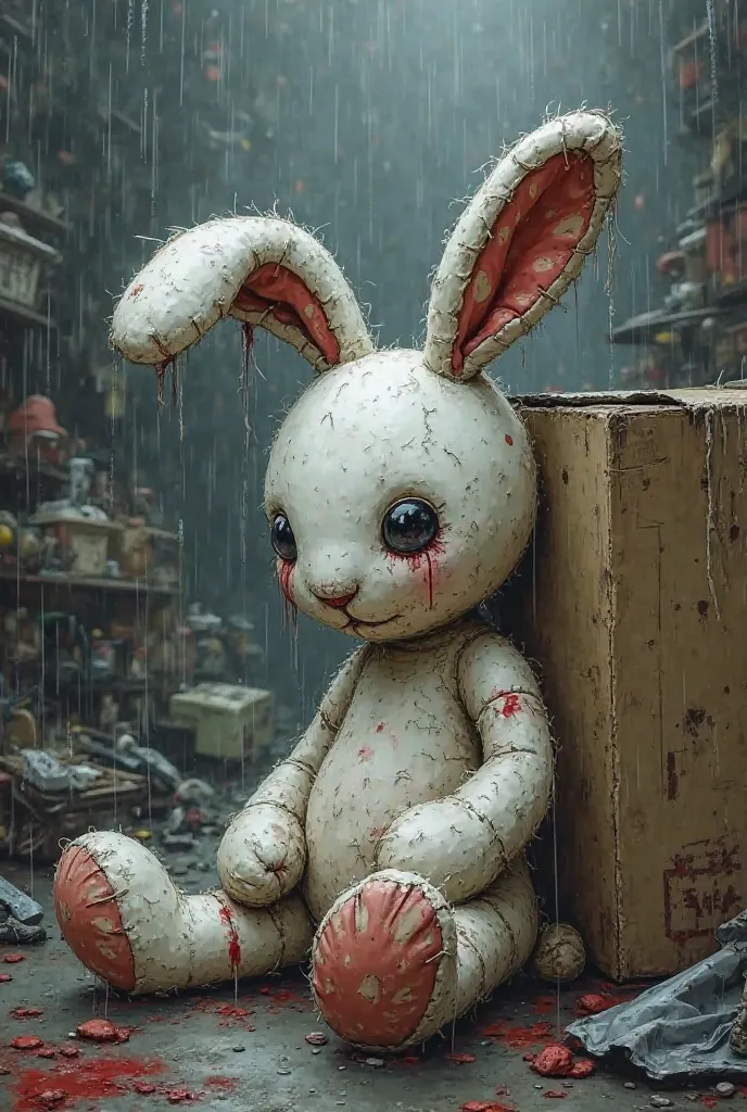 white bunny stuffed animal, button eye falling off, stitching coming undone, old, torn, blood soaked, slouched against a cardboard box, raining, junk yard back ground, drawn art style