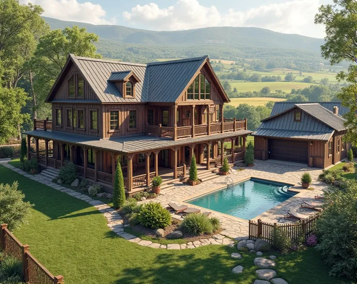 A farmhouse with swimming pool,garage,fenced with porches and balconies 