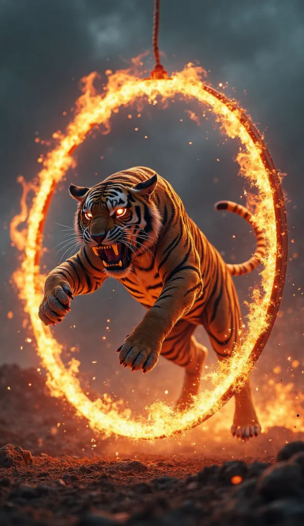 Bio mechanical tiger jumping a ring of fire blue black background