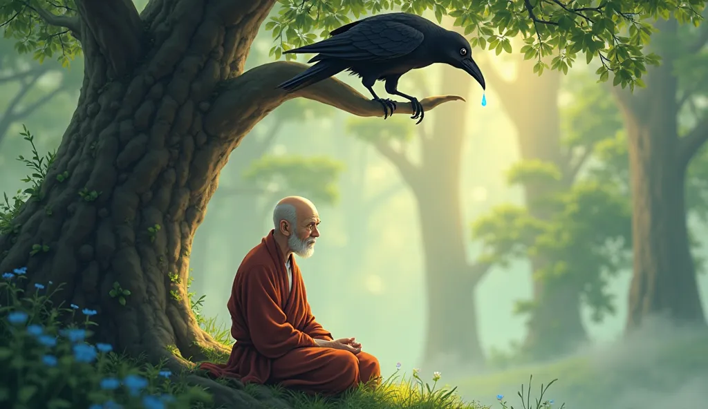 (Highest quality, masterpiece, High resolution)、4K Anime Art、Soft "A sad black crow sitting on a tree branch, a tear falling from its eye. Below the tree, an old wise monk with a calm expression sits in meditation. The tear drop lands gently on the monk's ...