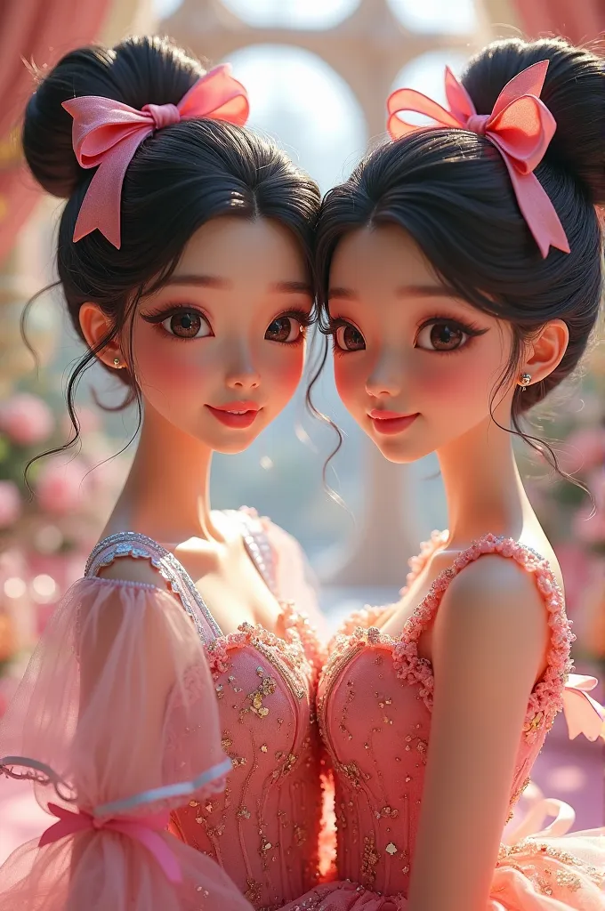 create the image of  Korean twins. they should be wearing something inspired by Barbie movies.