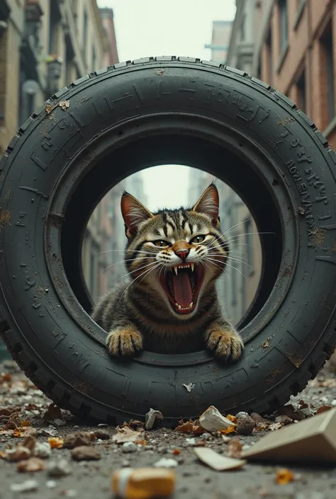 shrieking cat in a tire 