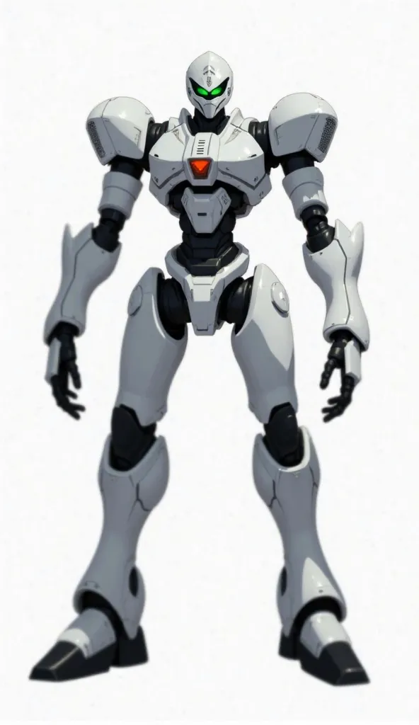 full image, white background,  from the front, full body, giant humanoid robot, Parecido has a Sentinela from X-Men, white with black details, wearing some kind of military armor, a green eye, with a robust and gigantic appearance, with slightly long and a...