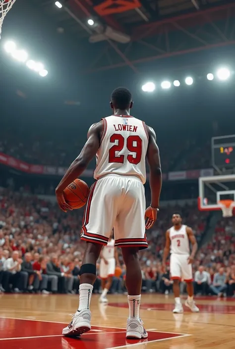 POV: the image starts from my point of view as if it were a video game, I'm black, I'm wearing the white NBA uniform with the number 29 with my name Lowien, I'm on the court, with the ball in my hands and the game happening around me. The sound of the ball...