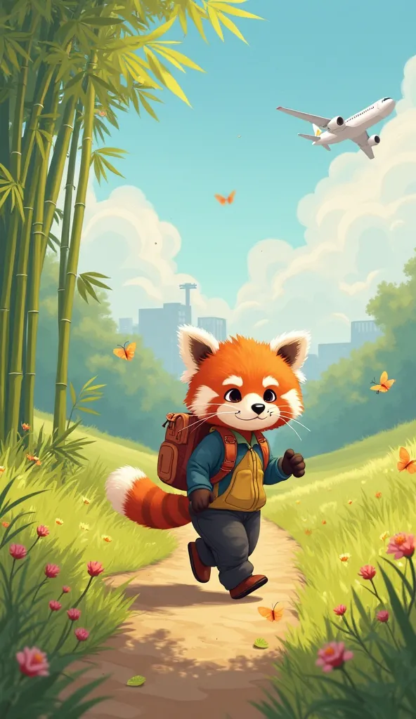 "Create a whimsical and inspiring illustration of a red panda named Ravi walking confidently through an open field, carrying a small backpack on his back. Ravi's expression is determined and hopeful, his eyes focused on the horizon as he takes steady steps...