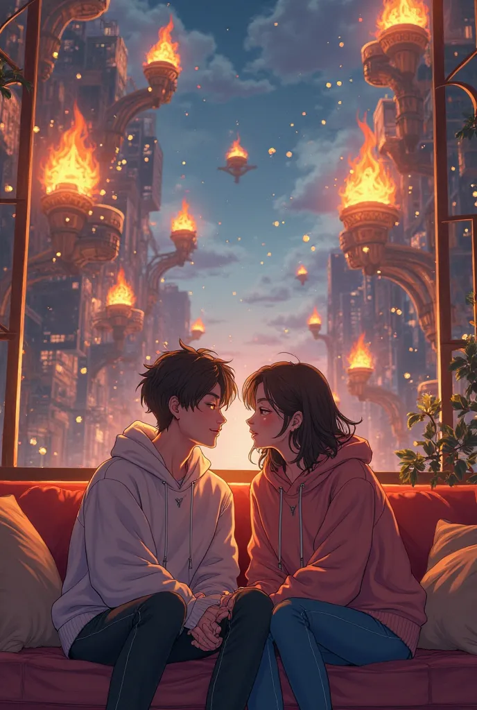 Guy and girl in sweatshirt world of tanks expensive flamethrower for the new year are sitting on the sofa in anime thymatics