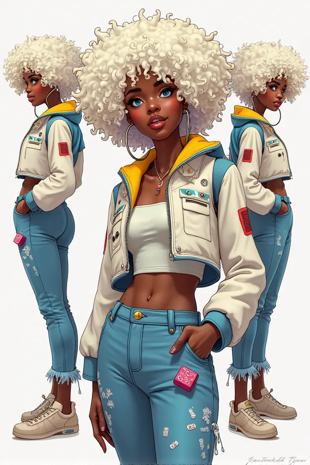 Totally Spies style, sampled from various angles and sizes, detailing face and body separately, young adult, detailed lighting, a black woman, very voluminous white curly hair, youthful, fun, white jacket in the hyper indie style, with blue, yellow and red...