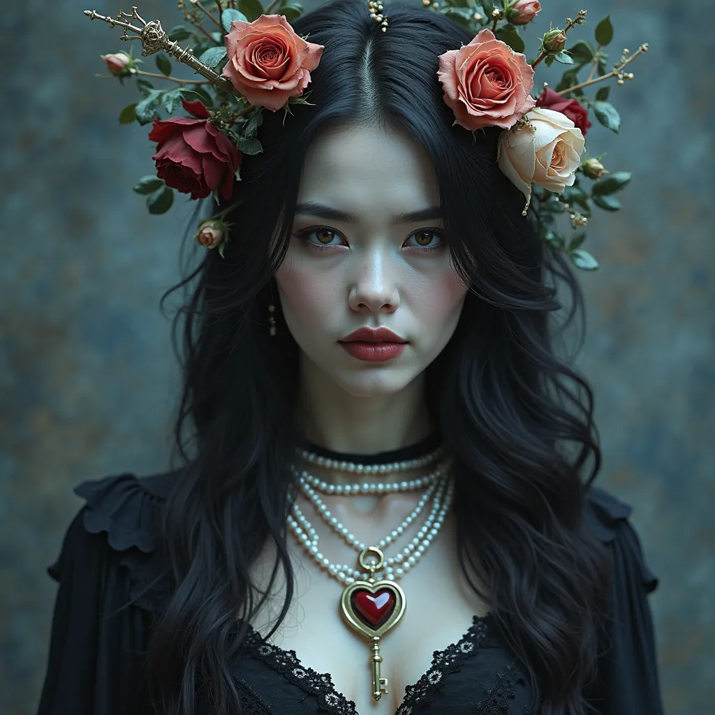 gothic woman with roses, pearls, keys with heart, blue-grey background, gothic style