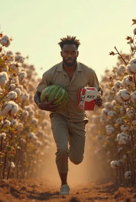 Make a video of a black person running away from someone with kfc box and watermelon in hand in cotton field