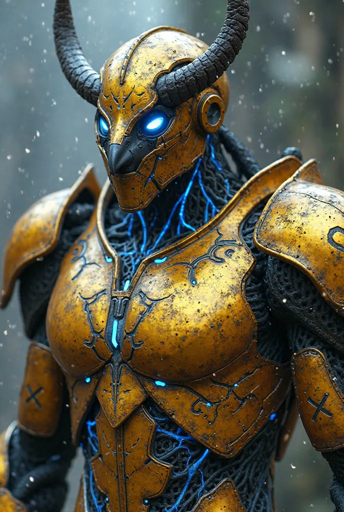 Body: The armor is golden with blue-electric veins, reminiscent of living circuits. Norse runes shine at the joints, pulsating in sync with your heartbeat.

 capable: It forms a translucent visor in the shape of a "v", revealing only their bright eyes. Two...