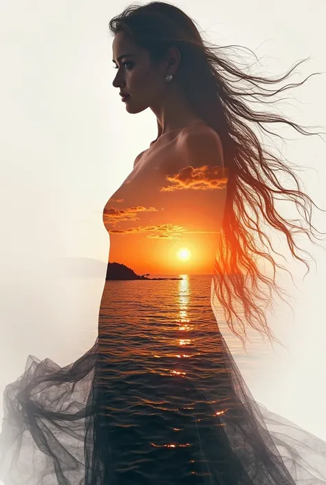 high quality photo,  8K Ultra HD, Прекрасная double exposure, background that combines the silhouette of a goddess and a sunset on the coast, the sunset coast should serve as a backdrop, with its details,  incorporated into the silhouette of the goddess, c...