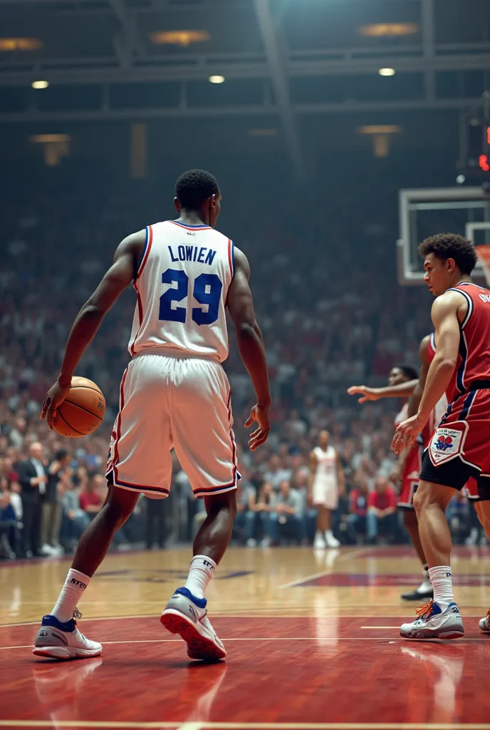 POV: the image starts from my point of view as if it were a video game, I'm black, I'm wearing the white NBA uniform with the number 29 with my name Lowien in blue, I'm on the court, with the ball in my hands and the game happening around me. The sound of ...