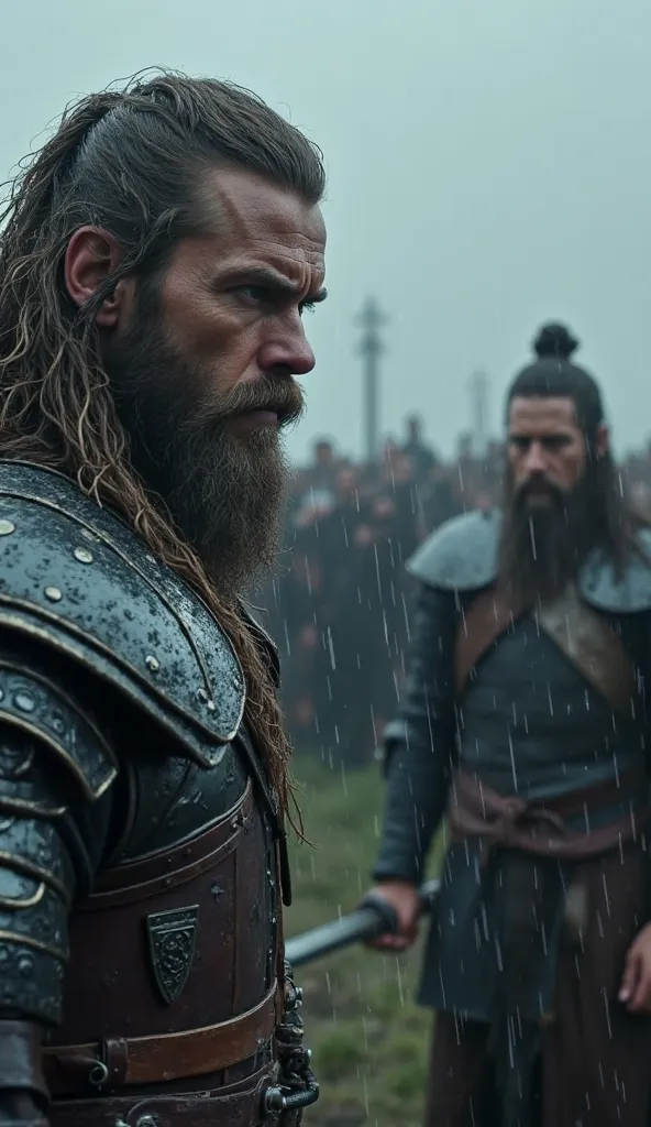 Ultra-realistic first-person cinematic perspective. You are Ragnar Lothbrok, standing in the pouring rain, staring at your brother Rollo from across the battlefield. His towering frame is clad in dark, battle-worn armor, now marked with the sigils of your ...