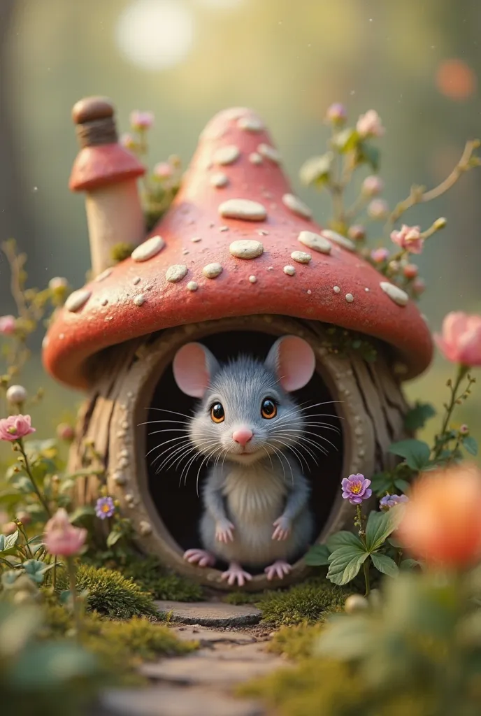 Une souris grise sort d'une petite maison en forme de champignon Regardant le spectateur, Résolution Haute, 