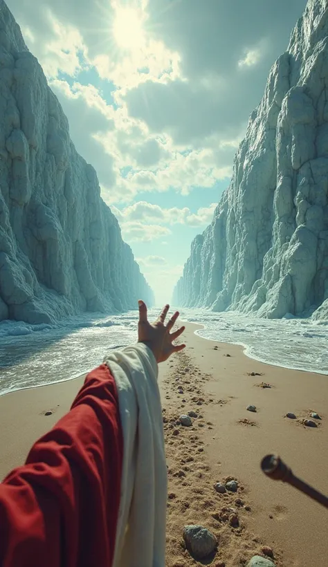 An epic first-person image (throw), from the hands of someone, the hands are dressed in a red and white robe, holding a wooden staff in the right hand, and extending the left hand forward. The setting shows a dramatically divided sea, creating a path of sa...