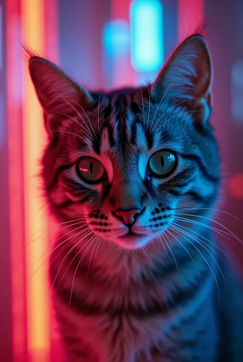 unusual close-up photo shoot in neon light with a cat