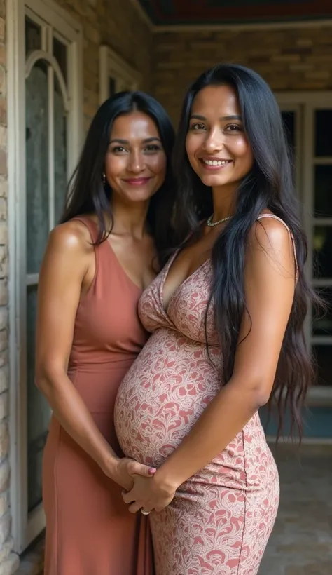 Beautiful Javanese woman with very thick long hair, Busty Big Boobs Wearing Pencil Dress With Her Short-Haired Mom Midwife And Handsome Husband On The Patio Of A Simple Village House, portrait, 4K, HD realistic