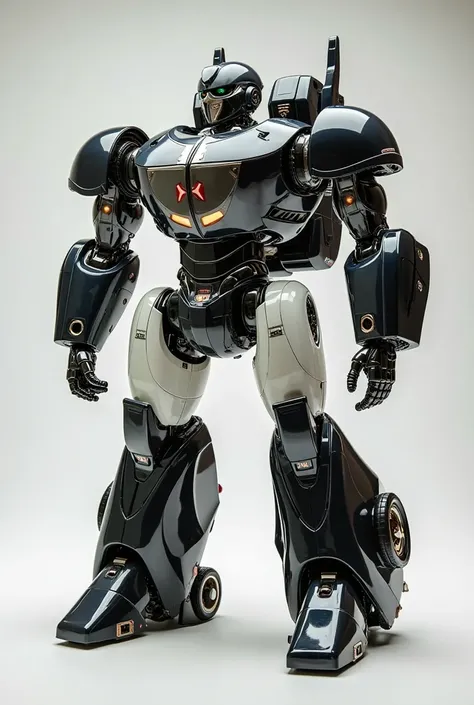 The Horch 830 transformer appears as an elegant, black and white classic from the 1930s, whose body seamlessly merges into a strong, humanoid robot body merges. The transformation process preserves the curved lines of the car and transforms them into sturd...