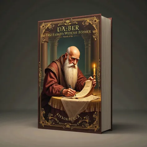 A single religious book standing, with a detailed and illustrated cover. The cover features a bald old man with a long white beard, wearing old clothes,  writing on a scroll by candlelight. Its expression is wise and reflective, conveying an environment of...