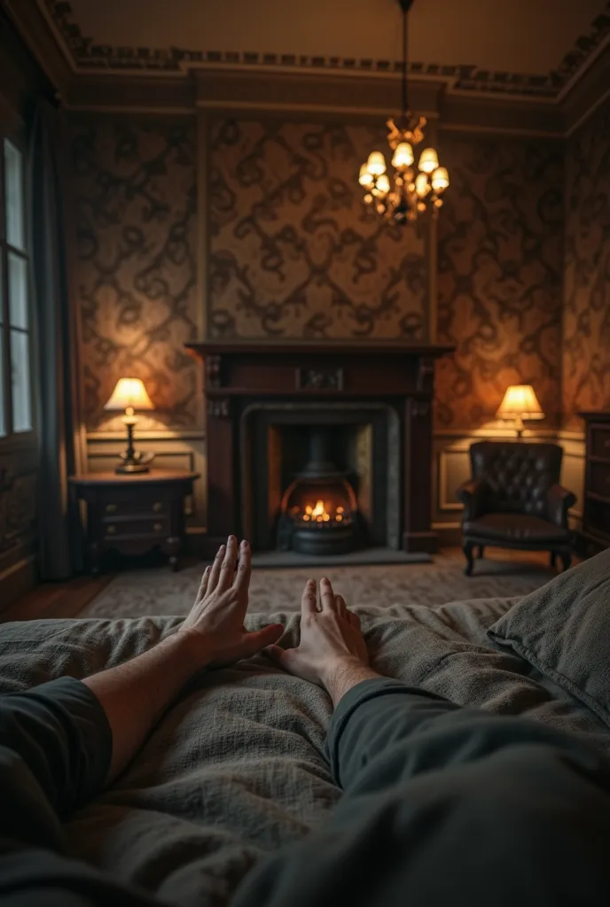 POV first person perspective  shot of waking up in a Peaky Blinders-inspired bedroom. You are lying in bed, on image are visible only arms resting beside you on the old, dark wooden bed frame. The room is dimly lit with vintage, moody lighting, featuring d...