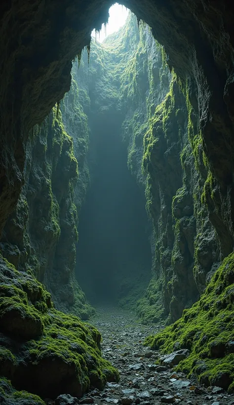 interior of a cave, destroyed, irregular, moss, no light