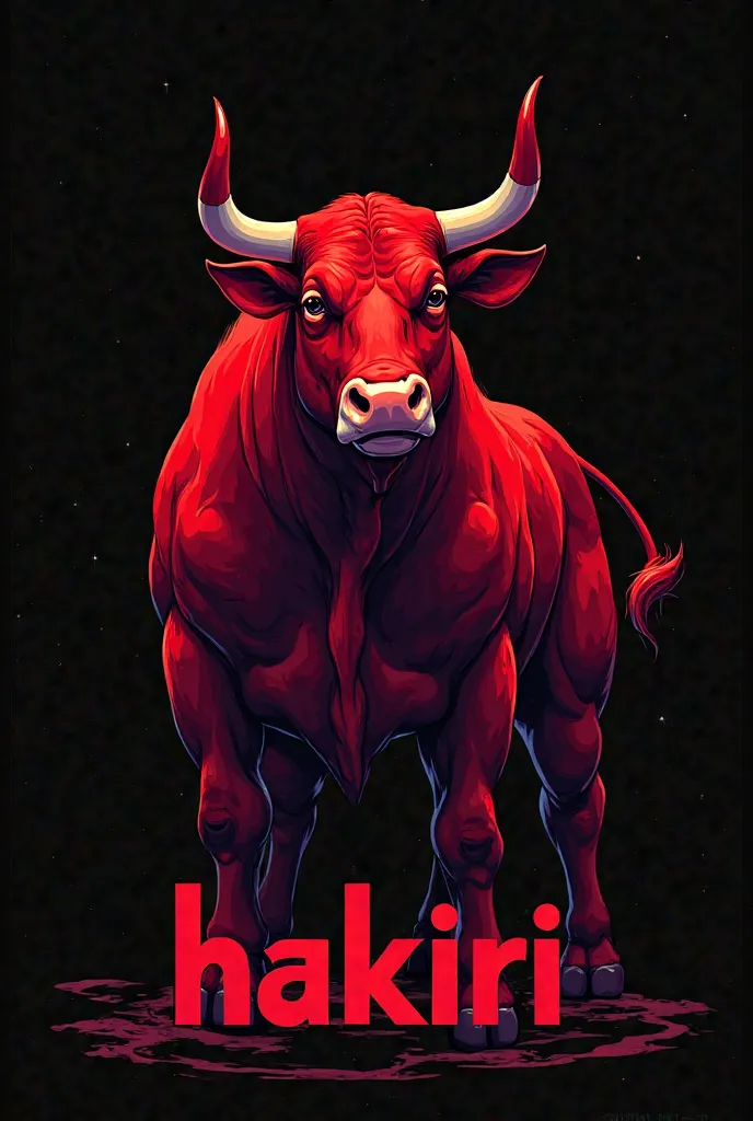 Red bull that represents the course of my school,  In striking red, That it bears the word HAKIRI with letters with creative shapes and in the same color as the animal, black background