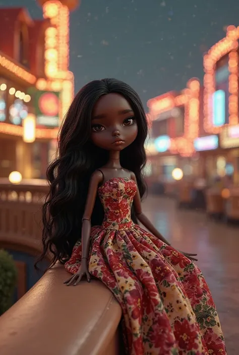 3D style doll. long hair, negro, limp.  light leather balcony. dressed in a long floral dress. In the background of a casino 