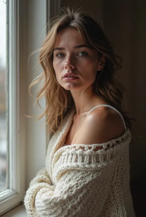 Capture a close-up of a woman standing by a window, wearing a loose, oversized sweater that falls off her shoulder. Her hair is messy, and she gazes thoughtfully into the distance, creating a sense of quiet sensuality.