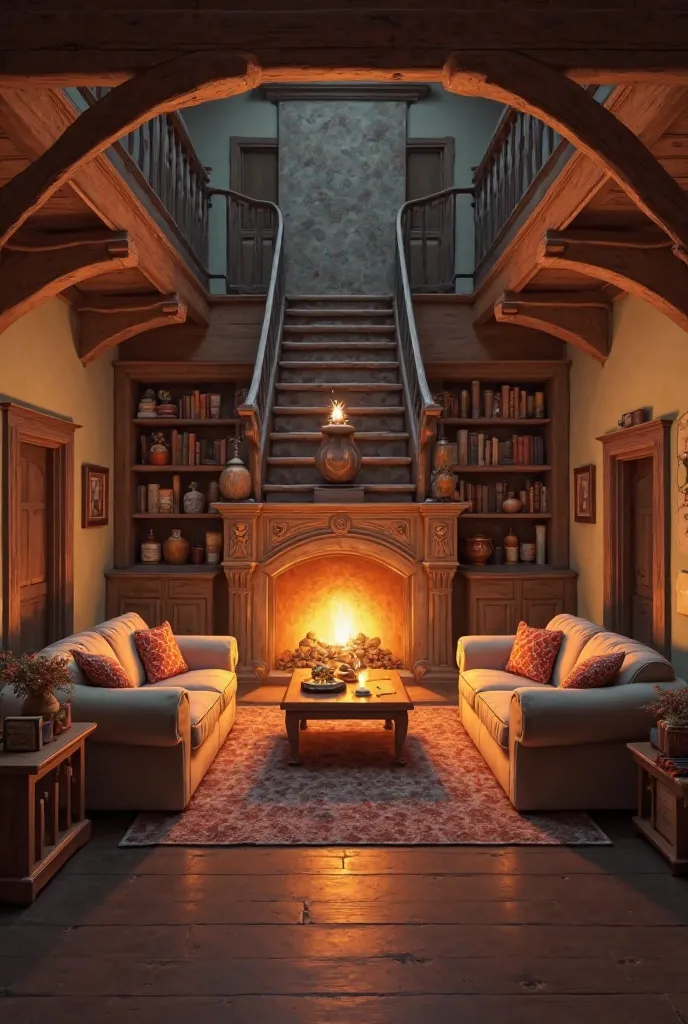 Make a large room with a fireplace, sofas, drawers with burning candle on top, doors on the left and right sides and a staircase that goes up to the second floor.