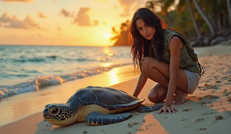 A serene tropical beach at sunset, golden light reflecting on calm turquoise water. A woman (Caucasian, late 20s, long black hair, brown eyes, wearing a biologist’s vest) kneels near a dead sea turtle with spiral shell fractures. Her expression mixes horro...