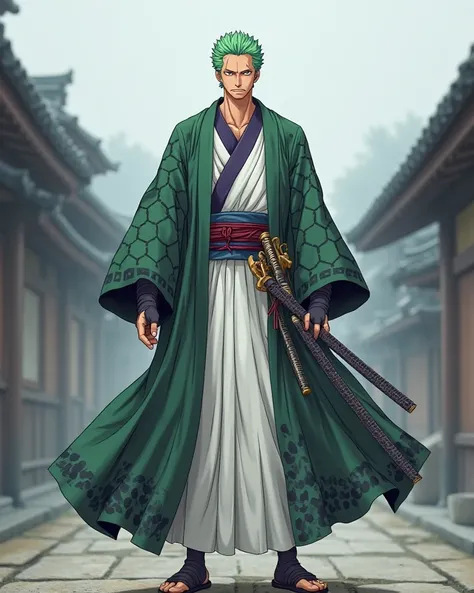 "A full-body, front-facing anime-style illustration of Roronoa Zoro wearing his Wano Arc outfit, but with full coverage. He is dressed in a long, traditional Japanese kimono with wide sleeves, fully covering his arms, hands, and chest. The kimono is white ...