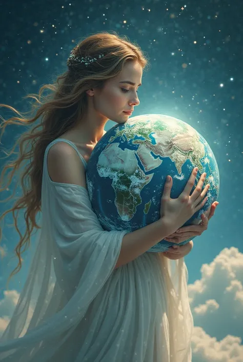 Create a picture of a woman hugging the earth 