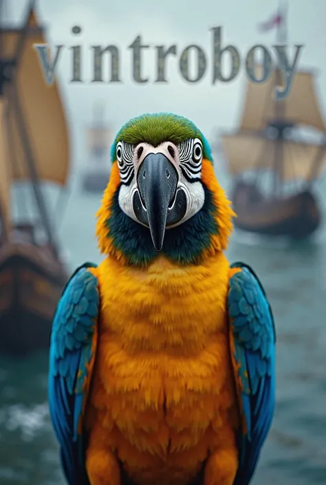 Make a profile picture of a blue and gold macaw that has the word Vintroboy above it And pirate ships in the background 