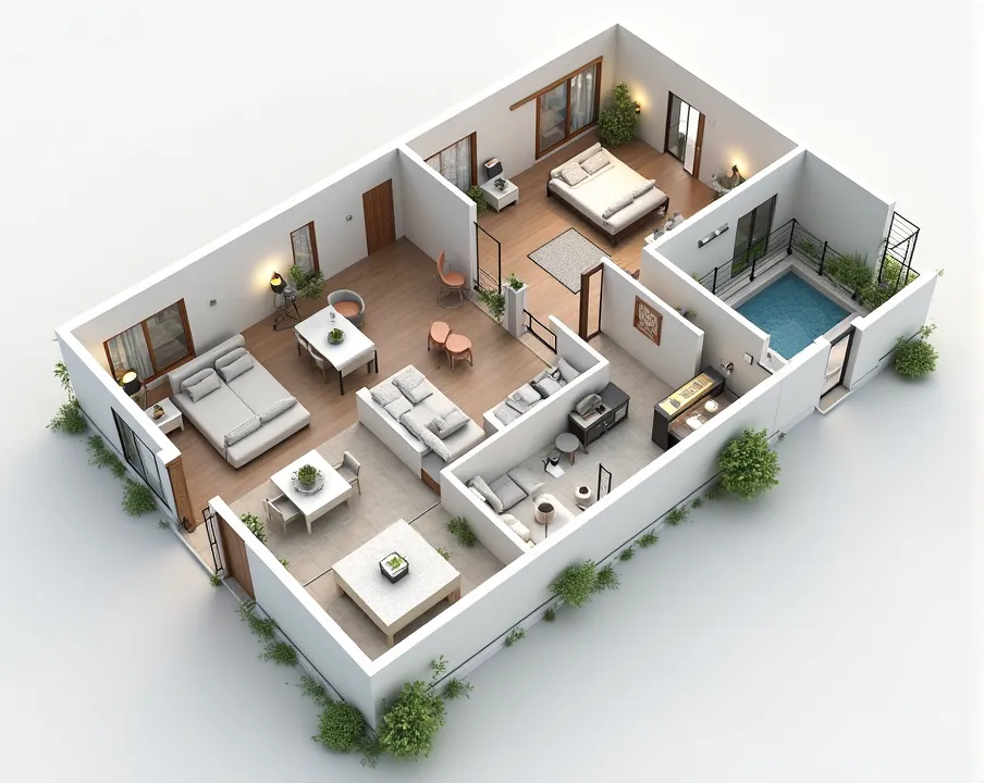 A 3d house floor plan image with division,room,Room,kitchen,bathroom and garage with a sidewalk in front of the house 