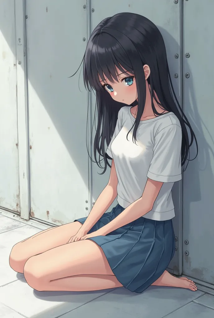 solo, a women, short, cute face, dull looks, wearing white T-shirt and skirt, slender body, sitting white steel floor leaned her back to steel wall, she looking to floor, small breast, black long hair, light blue eyes, anime type 