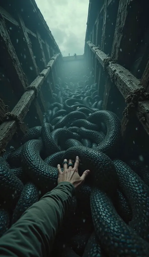 Terrifyingly realistic first-person cinematic perspective. This is a fictional scene. You are Ragnar Lothbrok, your vision growing hazy as you fall into the dark, writhing pit of serpents. The wooden beams above shrink away as you descend into the abyss. T...