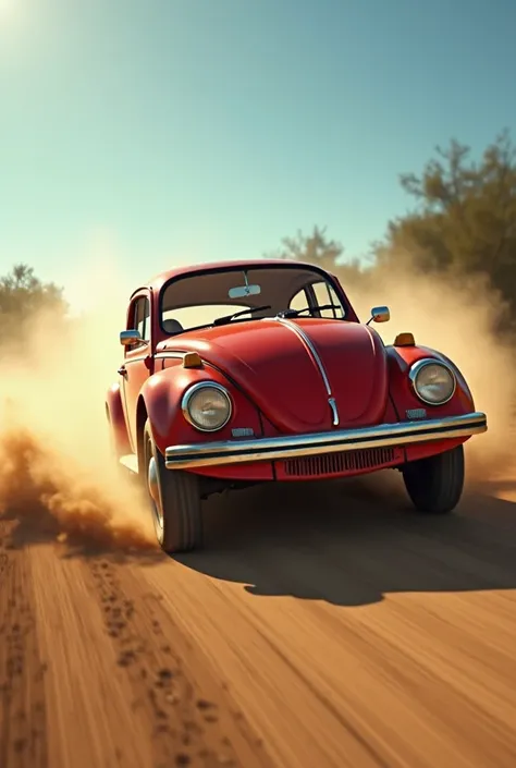 
### Prompt Positivo  
"Fotografia realista e nostálgica de um Beetle (Classic Volkswagen) red in motion, captured at a low angle (low-angle shot) to emphasize its grandeur. The car is positioned in the right third of the image ( rule of thirds ), tilted d...