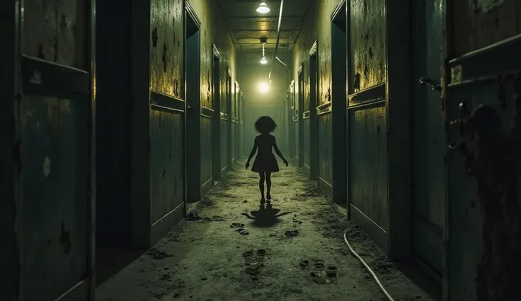 A dark and sinister corridor of an orphanage with SMALL BARE footprints of ren marked on the dusty floor and handprints on the walls