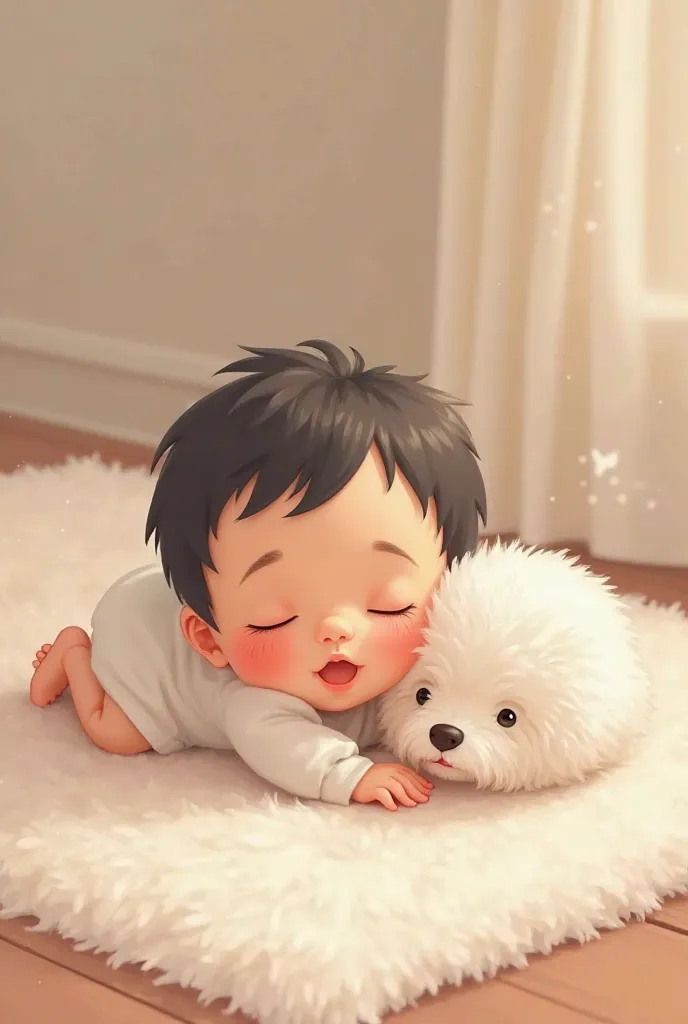 An adorable baby boy with fluffy cheeks, black hair and serene expression, sleeping peacefully on a soft mat. Next to him, a small white dog of the Bichon Frisé breed lies down with an affectionate and protective look,  as if you were taking care of the ba...