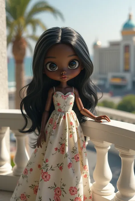 3D style doll. long hair, negro, limp.  light leather balcony, white. Dressed in a long floral dress. In the background of a casino 