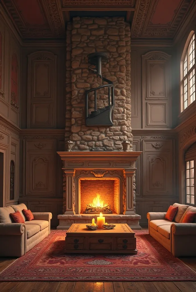 Make a large room with a fireplace, sofas, drawers with burning candle on top, doors on the left and right sides and a spiral staircase that goes up to the second floor . without people inside.