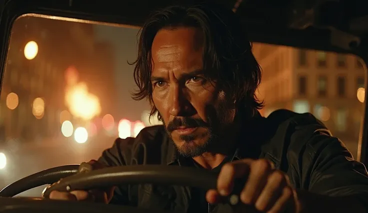 Keanu Reeves is racing through the city at night in a stolen truck,  His face is focused , and the eye is tense. Poison in the rear-view mirror the burning ruins of the building are burning after a powerful explosion. Ahead — the dark road, but in the dist...