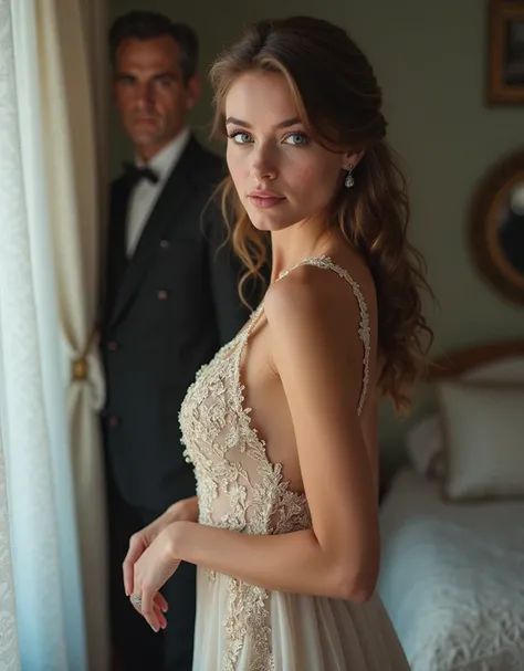 I want you to create a full-body portrait image There's a beautiful 24-year-old girl,  standing, She's so beautiful , She wears an elegant dress ,  bed , (Highlight on blue eyes)1 mafioso , . Light in the image showing face.