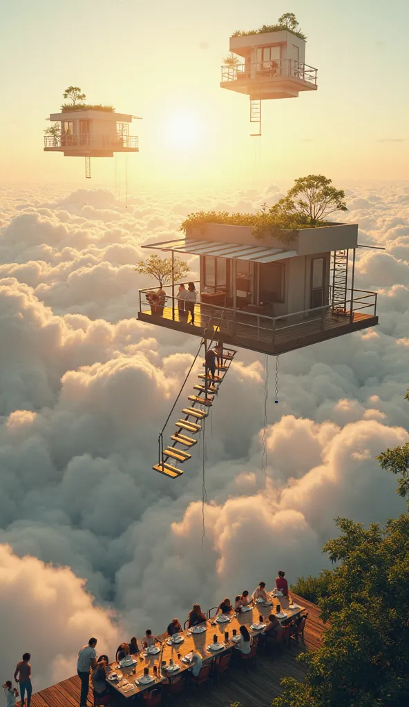 "A surreal dreamlike world above the clouds, with floating ships connected by wooden ladders. Each platform has a modern minimalist house with open balconies, lush green plants, and cozy furniture. Below, a long dining table with people enjoying a meal in ...